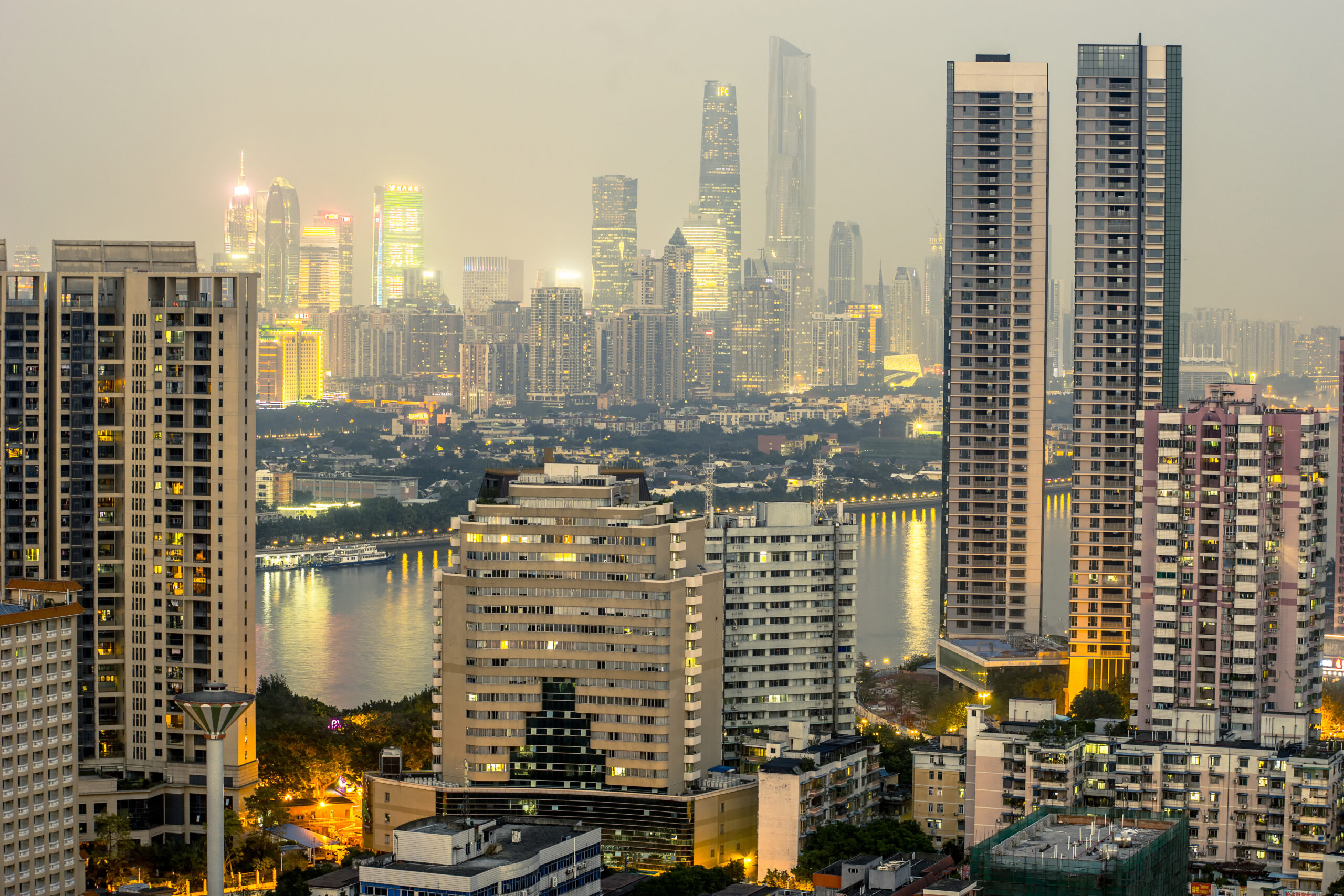 Guangzhou, China-Jan. 7, 2015: Guangzhou CBD view. Twilight view of Central Business District of Guangzhou on the Pearl River bank.